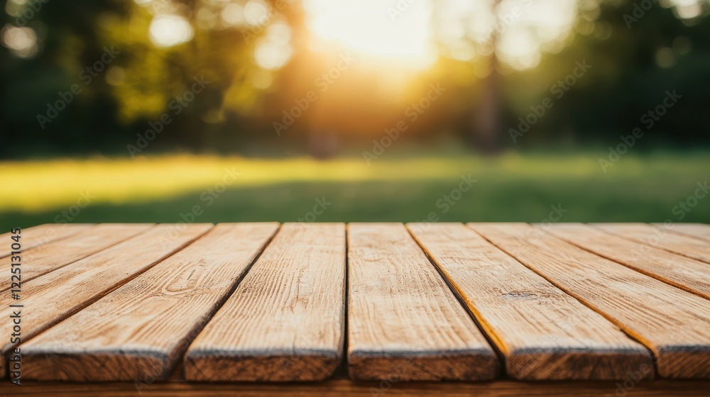 Aufkleber wooden table presenting park background illuminated by setting sun