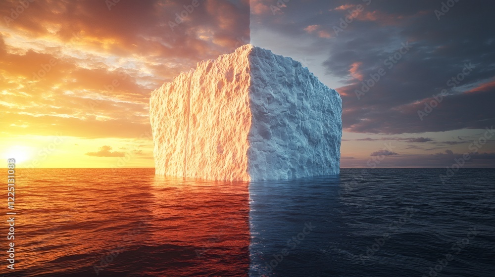 Poster split-screen image of a melting glacier juxtaposed with a climate skepticism debate stock photo with