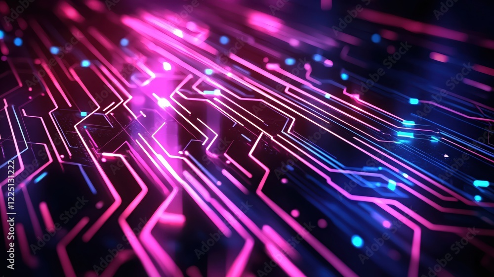 Poster glowing circuit board with pink and blue lines creating a futuristic digital network