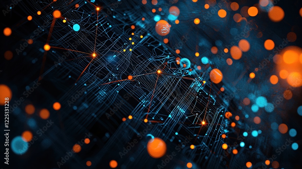 Poster abstract network with glowing nodes and connections in orange and blue on dark background