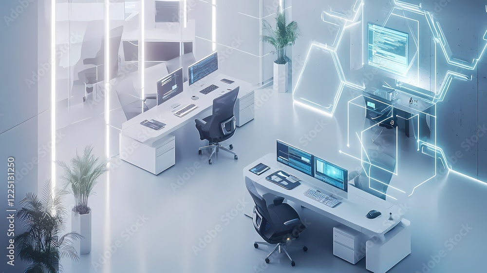 Poster modern office with glowing lines and computer screens in a bright white futuristic space