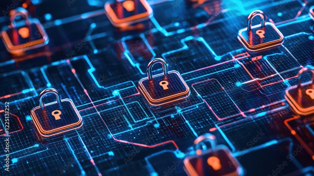 Poster Secure Network With Padlocks On Circuit Board Digital Protection Security Concept