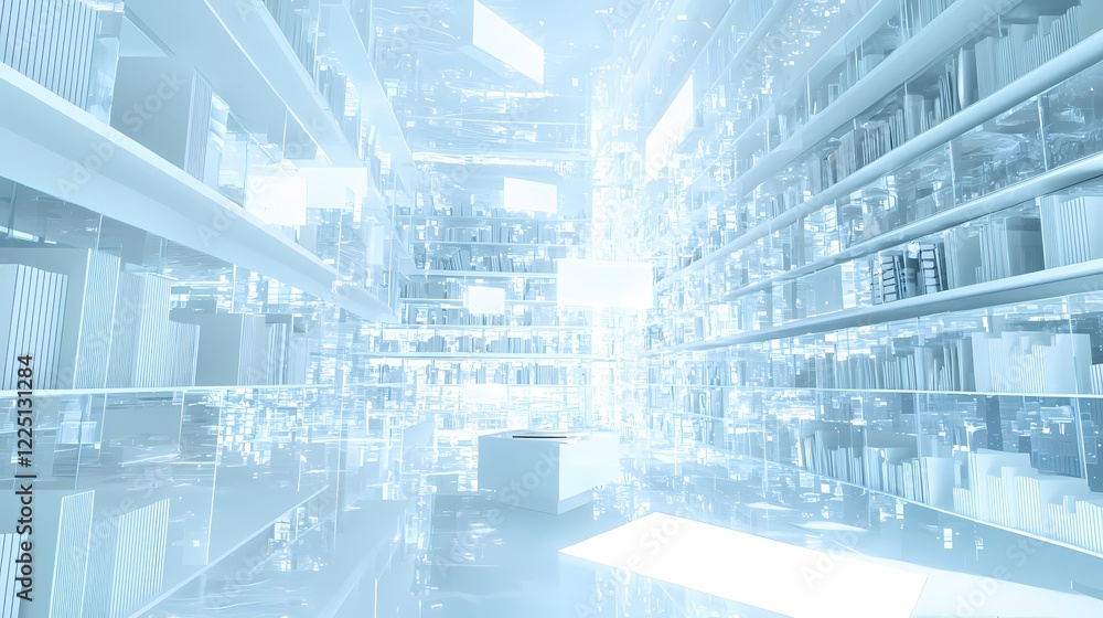 Poster futuristic library infinite bookshelves digital space modern architecture