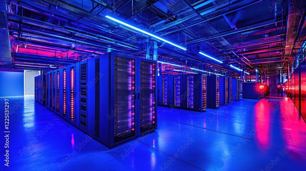 Poster Data center with server racks and neon lights creating a futuristic and technological atmosphere
