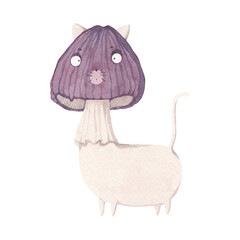 Stylized illustration of a cat. A cat in the form of a mushroom with a purple hat. Watercolor illustration drawn by hand. For clothes, stickers, notebooks and dishes.