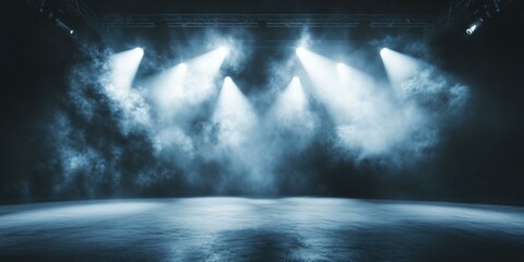 Dramatic lighting on an empty stage, ideal for promoting concerts, theater productions, or dance performances. Captures the essence of anticipation and creativity.