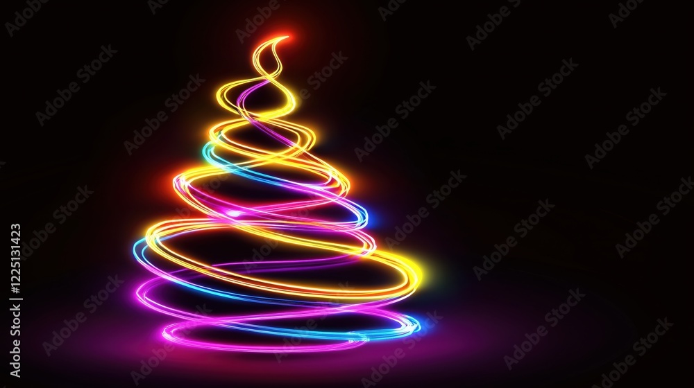 Poster abstract christmas tree made of colorful glowing light trails on a dark background