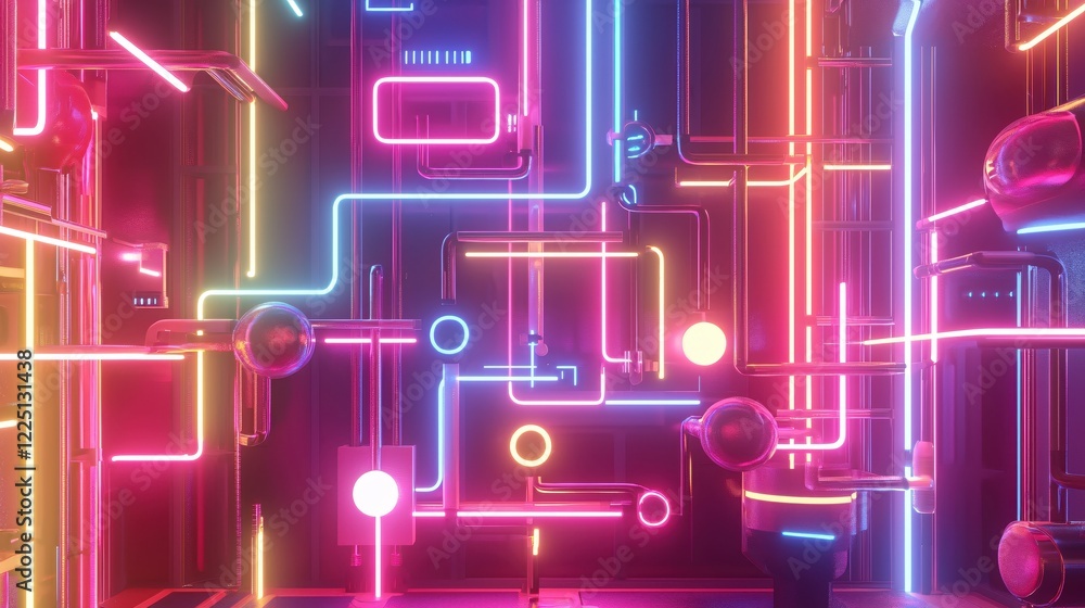 Aufkleber neon pipes and spheres glowing in a dark futuristic setting with vibrant colors and lines