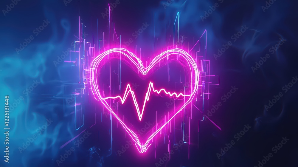 Poster Glowing heart with pulse line on a dark background with abstract geometric shapes and smoke