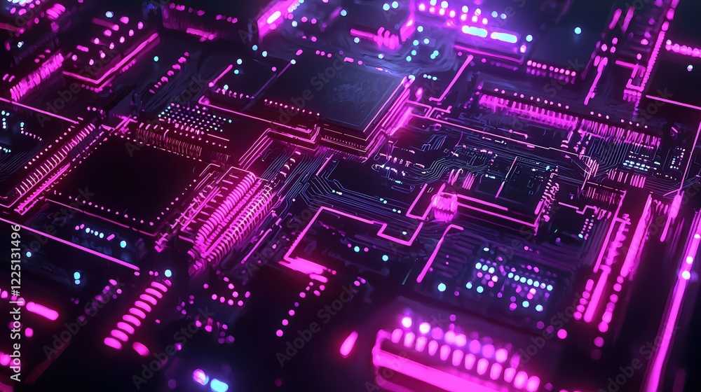 Poster glowing circuit board with pink and blue lights intricate network of connections and paths