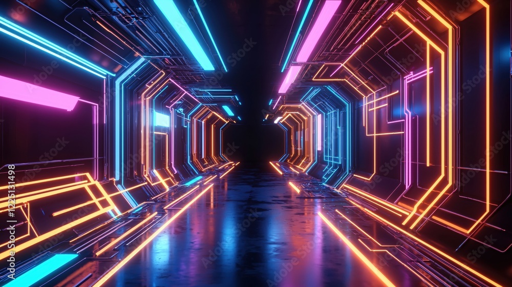 Aufkleber neon lit futuristic tunnel with glowing lines and dark background creating a sci fi mood