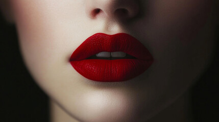 Obraz premium Close-up portrait showcasing bold red lips against a dark background highlighting beauty