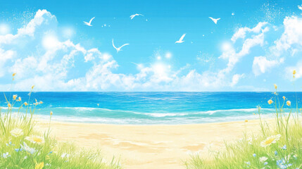 Fototapeta premium serene summer beach scene with clear blue skies and gentle waves