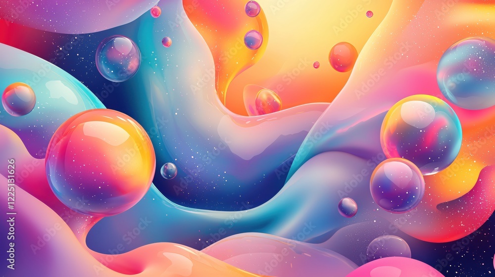 Poster abstract flowing shapes and transparent spheres in vibrant colors with a cosmic feel