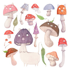 Set of watercolor stylized illustrations of mushrooms with cute faces, ears and paws of cats. Green leaves. Isolated illustrations on a white background. For decor, dishes, textiles and creativity.