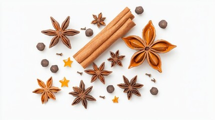 Colorful Arrangement of Spices with Cinnamon Sticks, Star Anise, and Cloves on White Background