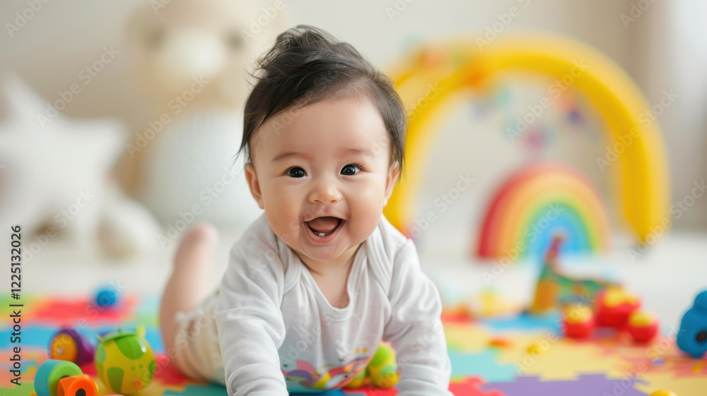 Poster joyful baby with happy expression is crawling on colorful play mat surrounded by toys, creating chee