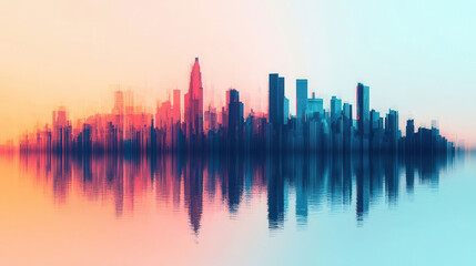 vibrant city skyline with colorful reflections creates dynamic urban scene