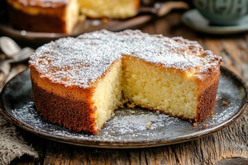 Delicious homemade cake with a slice removed, displayed on a rustic wooden table with utensils