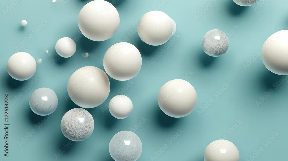 Poster floating spheres in various sizes and textures create an abstract composition against a light teal b