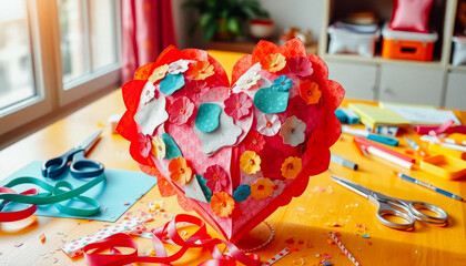 Obraz premium A beautiful handcrafted heart made of colorful fabric and floral patches sits in a bright, creative workspace-perfect for Valentine's Day.