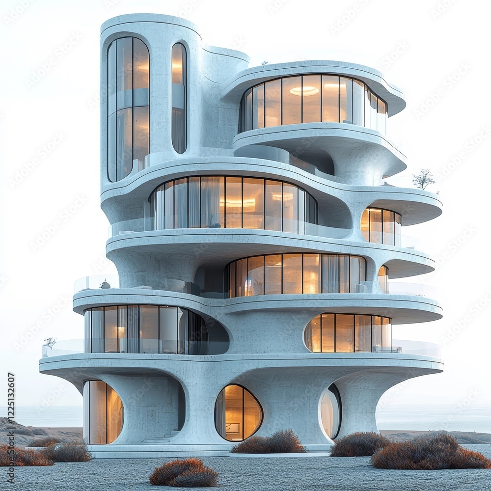 Poster futuristic high rise building with circular platforms and hovering balconies floating on stark white