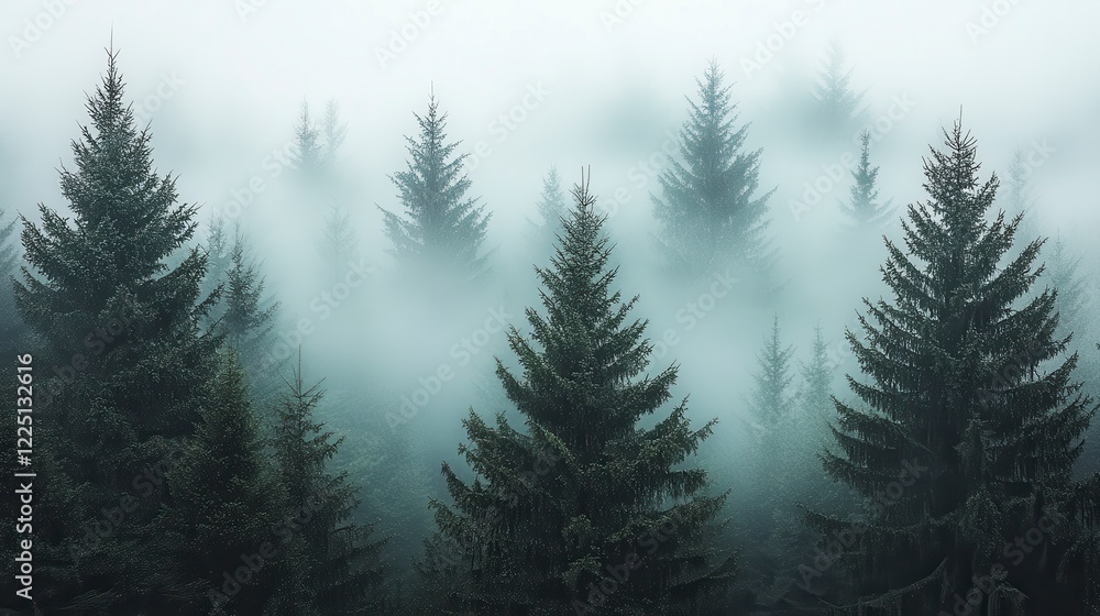 Poster misty forest scene with dark green evergreen trees partially obscured by thick fog, creating a seren