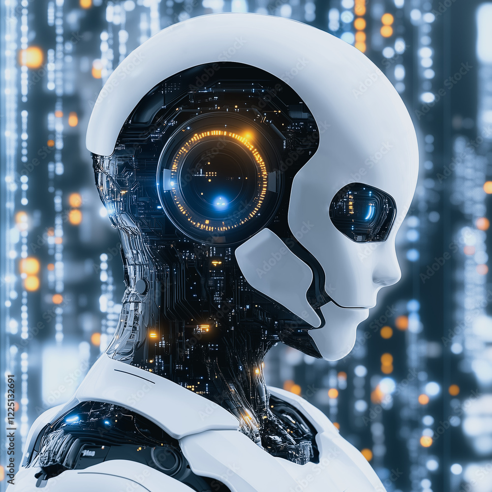 Poster cybernetic portrait: a close-up profile of a humanoid robot, revealing intricate internal circuitry 