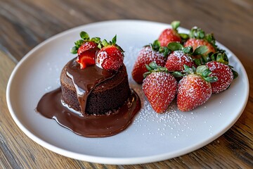 Decadent chocolate lava cake topped with fresh strawberries and powdered sugar on a rustic wooden table