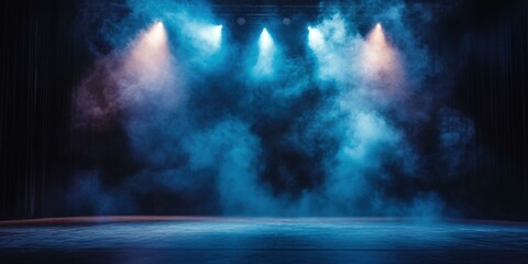 Mysterious stage scene with dramatic lighting and fog. Suitable for theatrical promotions, music events, and artistic projects.