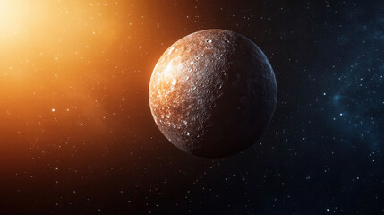 detailed view of Mercury with its cratered surface illuminated by sun