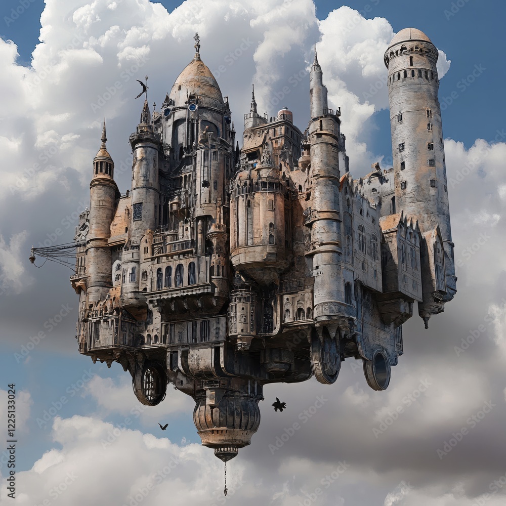 Poster floating castle in cloudy sky with birds flying around a fantasy architecture concept
