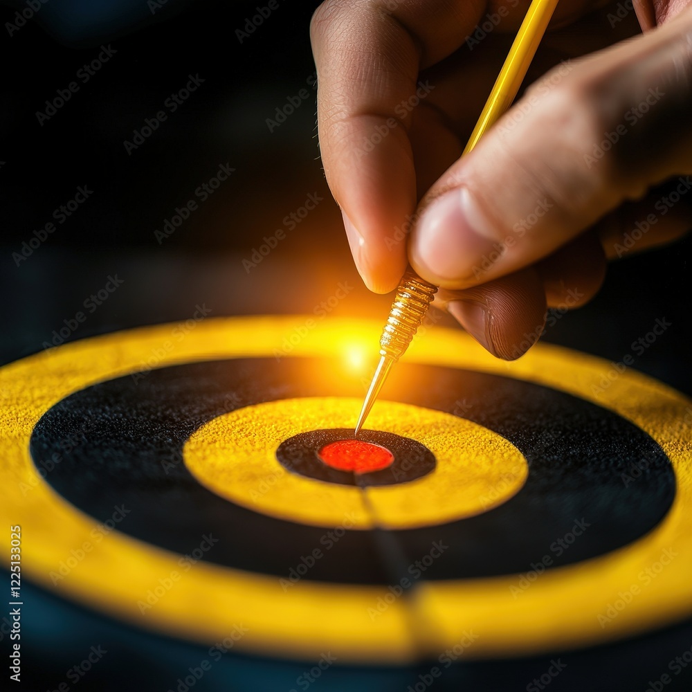 Poster hands placing a dart on a glowing target board symbolizing planning