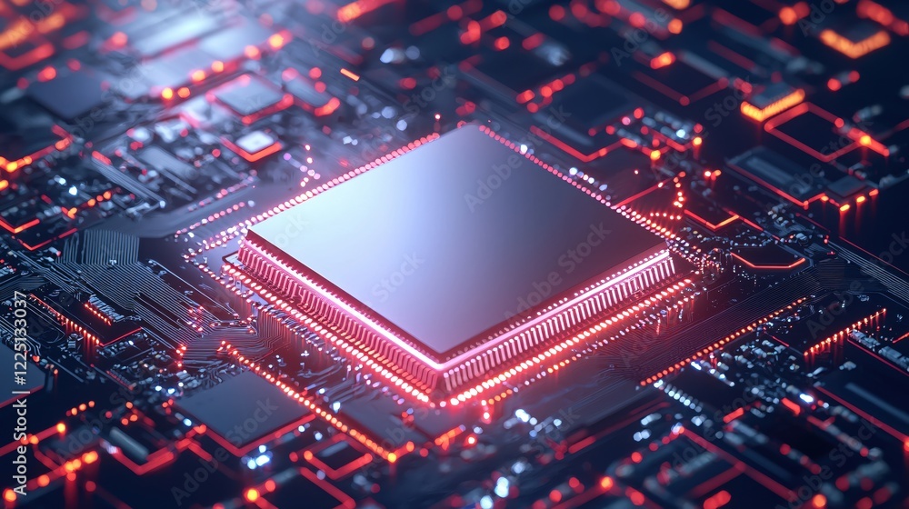 Poster glowing circuit board with central processor unit and red light emitting diodes detail