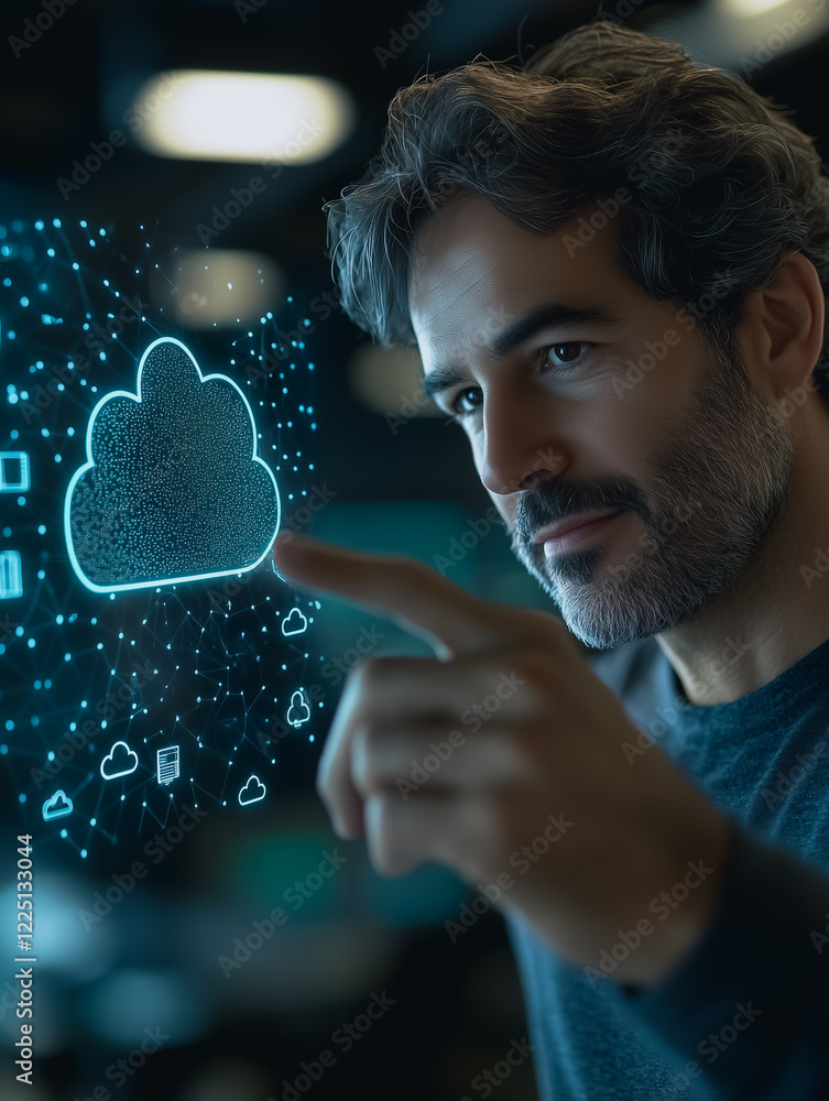 Poster cloud computing: a focused businessman interacts with a glowing cloud icon, symbolizing the power an