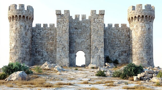 Majestic Medieval Castle with Towering Stone Walls and Narrow Arched Windows Isolated on White Background