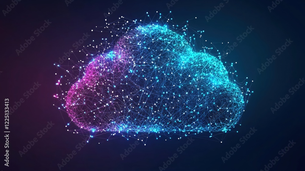Poster digital network cloud with connected dots and lines in vibrant pink and blue on dark background