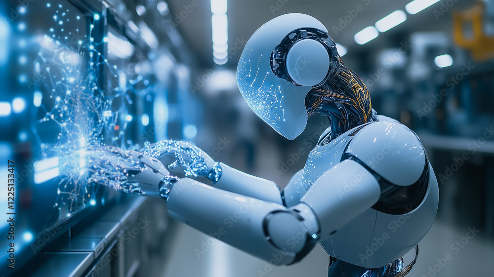 Poster ai in action: a futuristic, humanoid robot interacts with a complex data visualization, showcasing t