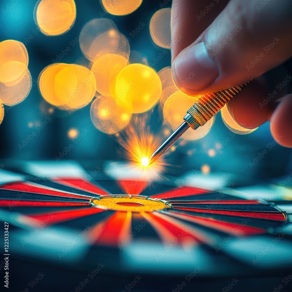 Poster hands placing a dart on a glowing target board symbolizing planning