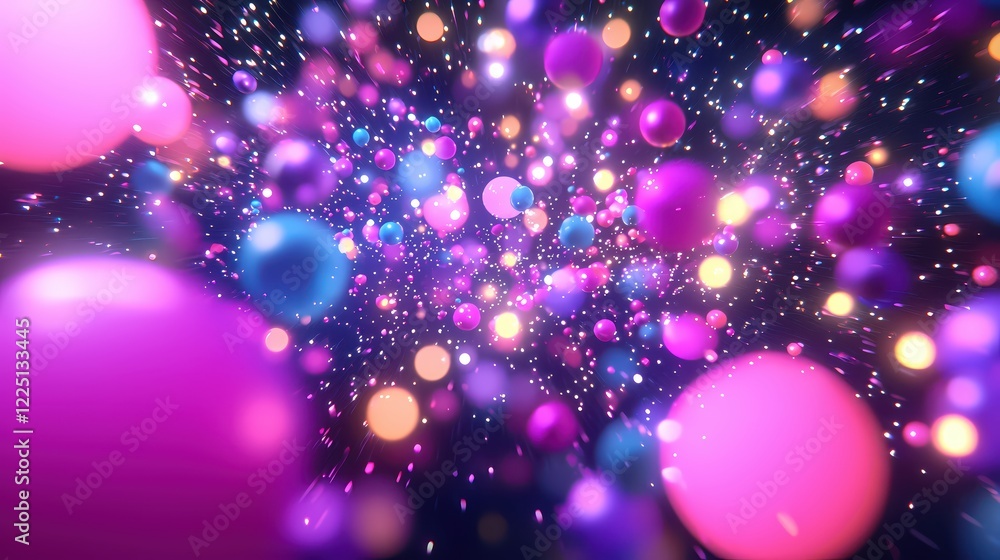 Poster abstract glowing spheres and particles in a dynamic space with vibrant colors and soft light