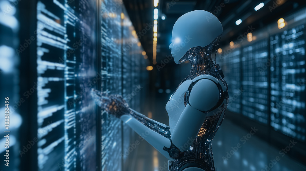 Poster ai in the data center: a humanoid robot stands before a wall of glowing servers, its slender fingers