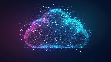 Digital network cloud with connected dots and lines in vibrant pink and blue on dark background