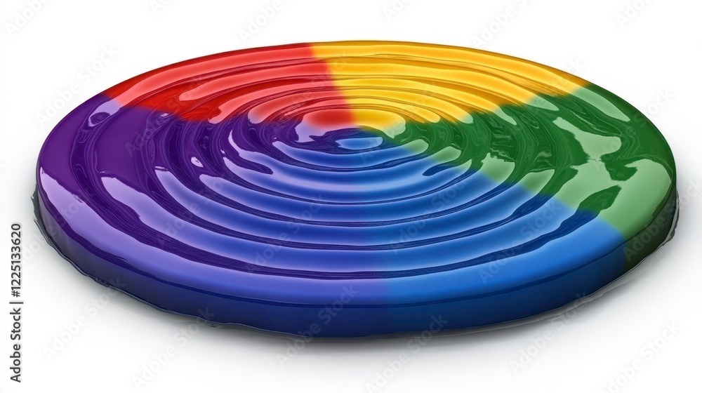 Fototapete Circular multicolored object with concentric rings and a glossy finish, digitally rendered in a studio setting against a white background. The colors