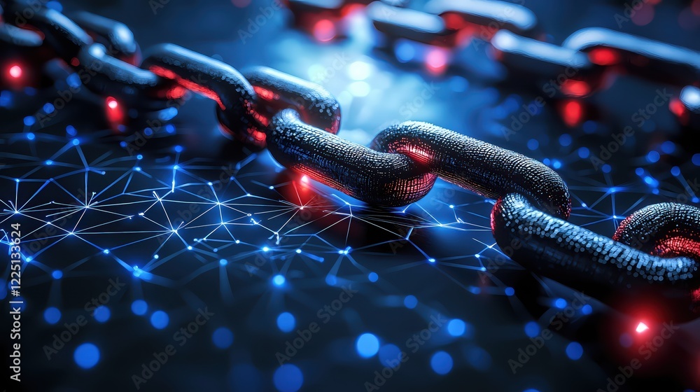 Poster chain links with glowing red accents over a network of blue lines and bokeh lights