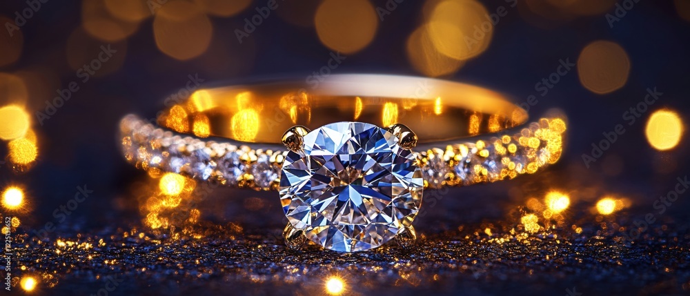 Poster golden ring with large diamond on a sparkling surface with bokeh lights in the background