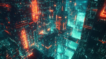 Futuristic Cityscape Neon Lights Digital Art Abstract Technology Background