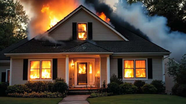 A suburban home is consumed by flames and heavy smoke as emergency responders work to control the rapidly spreading fire