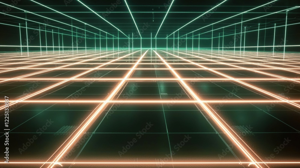 Aufkleber abstract grid pattern with glowing lines in green and orange on a dark background