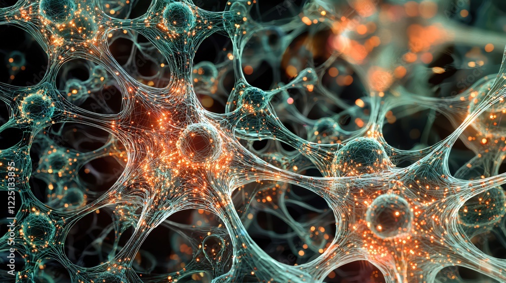 Poster abstract glowing network with interconnected nodes and vibrant lights on a dark background