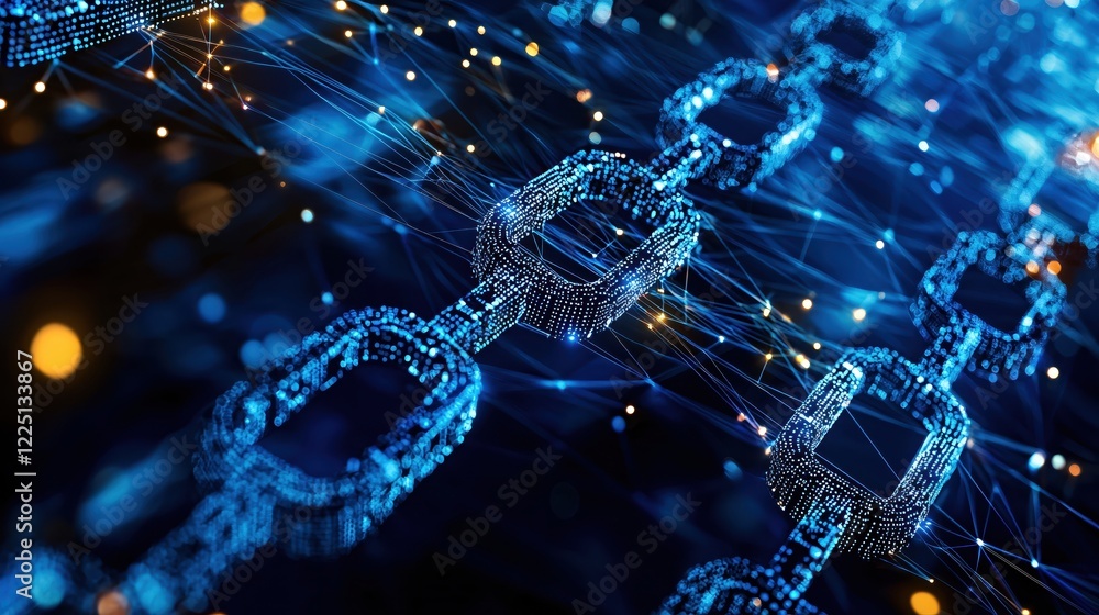 Poster digital chain link with glowing particles and network connections on dark blue background